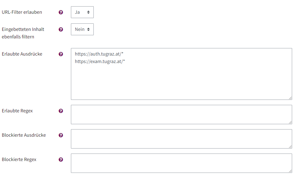 Hier sieht man in den Einstellungen des Safe Exam Browsers die URL-Filter. URL-Filter erlauben ist auf Ja gestellt. darunter eingebetteten Inhalt ebenfalls filtern auf Nein. Darunter sind vier Felder mit vier Überschriften. Die Überschriften stehen links von den Feldern: Erlaubte Ausdrücke, erlaubte Regex, Blockierte Ausdrücke, Blockierte Regex. Im Feld Erlaubte Ausdrücke sind zwei Web-Adressen zu sehen.