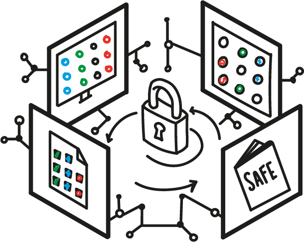 sticker for the article: a lock surrounded by displays with exams