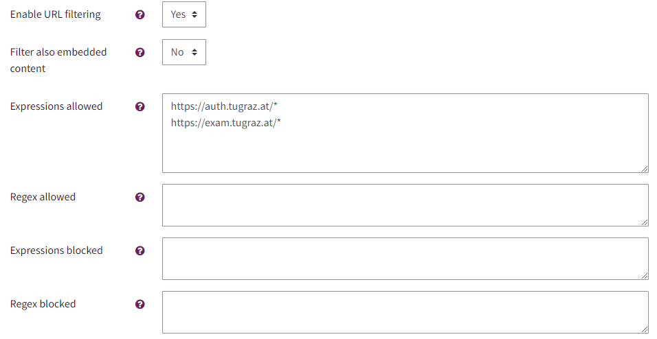 When you enable URL filtering, these four fields open: Filter also embeeded content, Expressions allowed, Regex allowed, Expressions blocked, Regex blocked