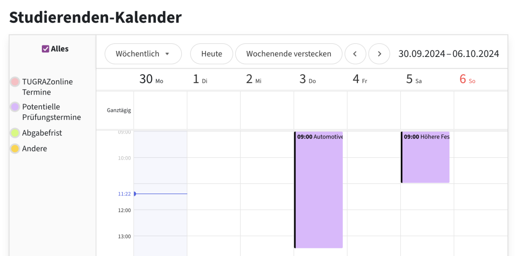 Wochenansicht im Studierendenkalender