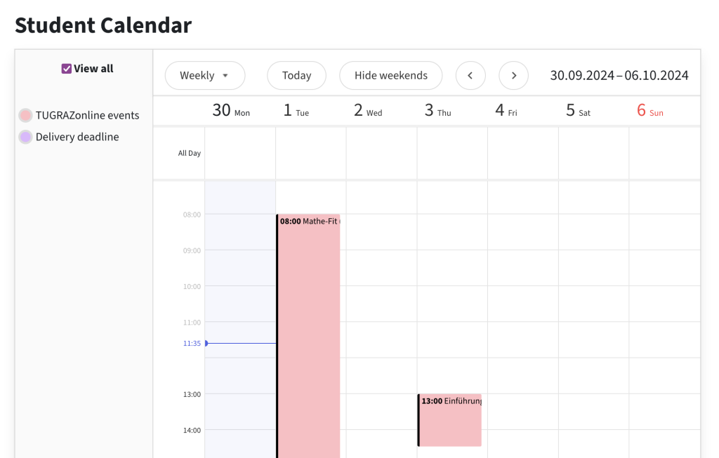 Overview of the student calendar, weekly view