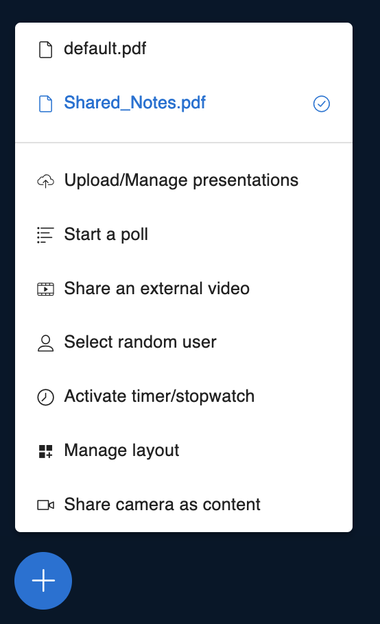 Actions menu with options to upload presentations, start polls, share videos, select users, activate a timer, manage layout and share camera as content