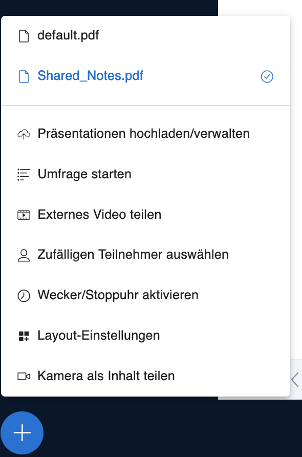Aktionenmenü mit Aktionen Präsentation hochladen, Umfrage, Externes Video, zufällige Teilnehmer, Stoppuhr, Layouteinstellungen, Kamera als Inhalt teilen