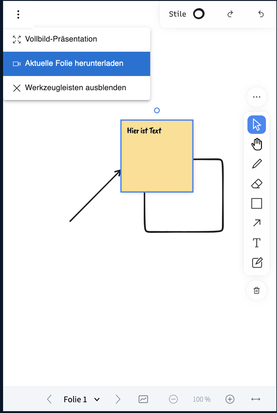 Annotationen in einer Präsentation, über die drei Punkte links oben kann die aktuelle Folie heruntergelden werden