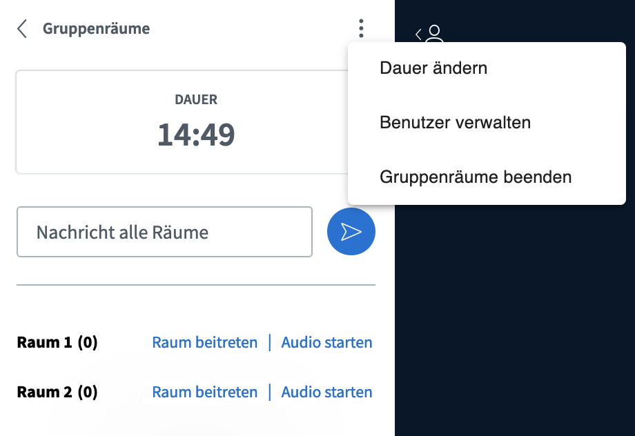 Neues Menü Gruppenräume zeigt die Zeit, die Räume, ein Menü mit drei Punkten rechts oben lässt die Räume beenden oder verwalten