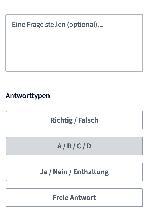 Frage erstellen Menü mit Auswahl der Fragetypen