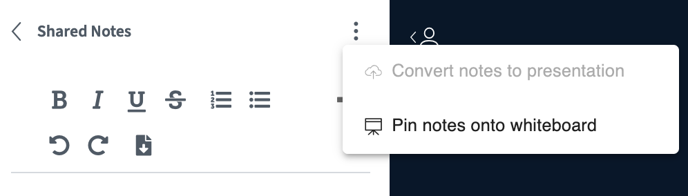 Three dots menu in the upper right corner of shared notes for pinning them to the whiteboard