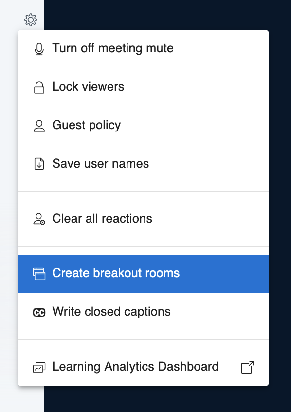 Gear icon menu from the participant list, where you can create breakout rooms