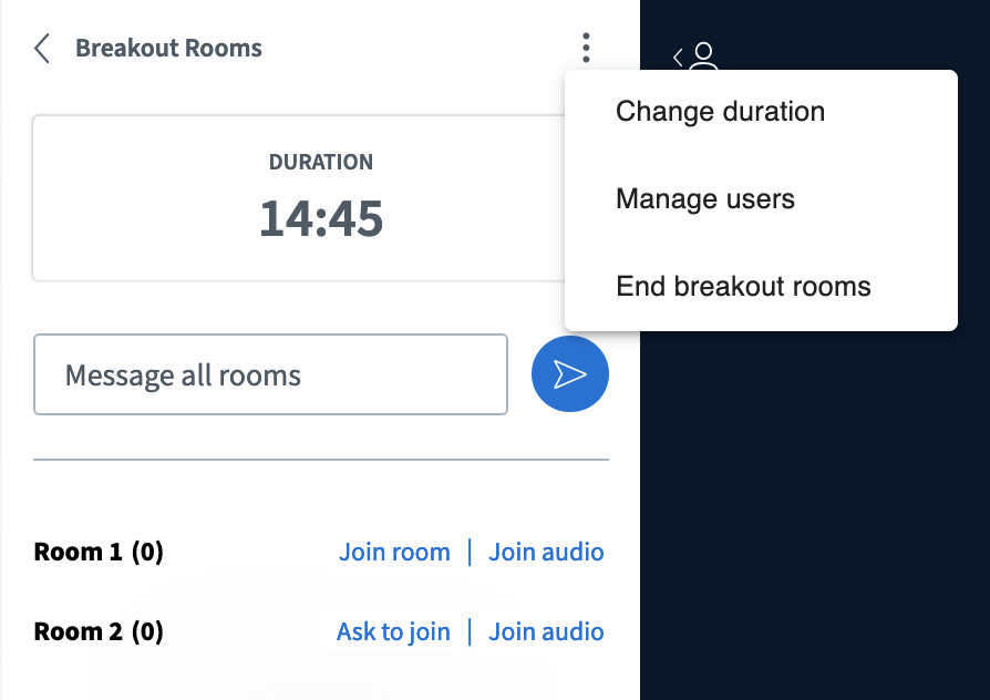 Separate breakout rooms menu with overview of the duration, rooms and menu with three dots in the upper right corner to end and manage rooms