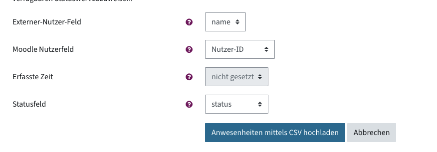 Externer Nutzer-Feld, Moodle-Nutzerfeld, Erfasste Zeit und Statusfeld mit den Werten aus dem Dokument abgleichen