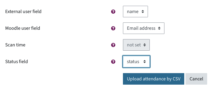 Match the settings external user field, Moodle user field, Scan time and Status field to values in your file