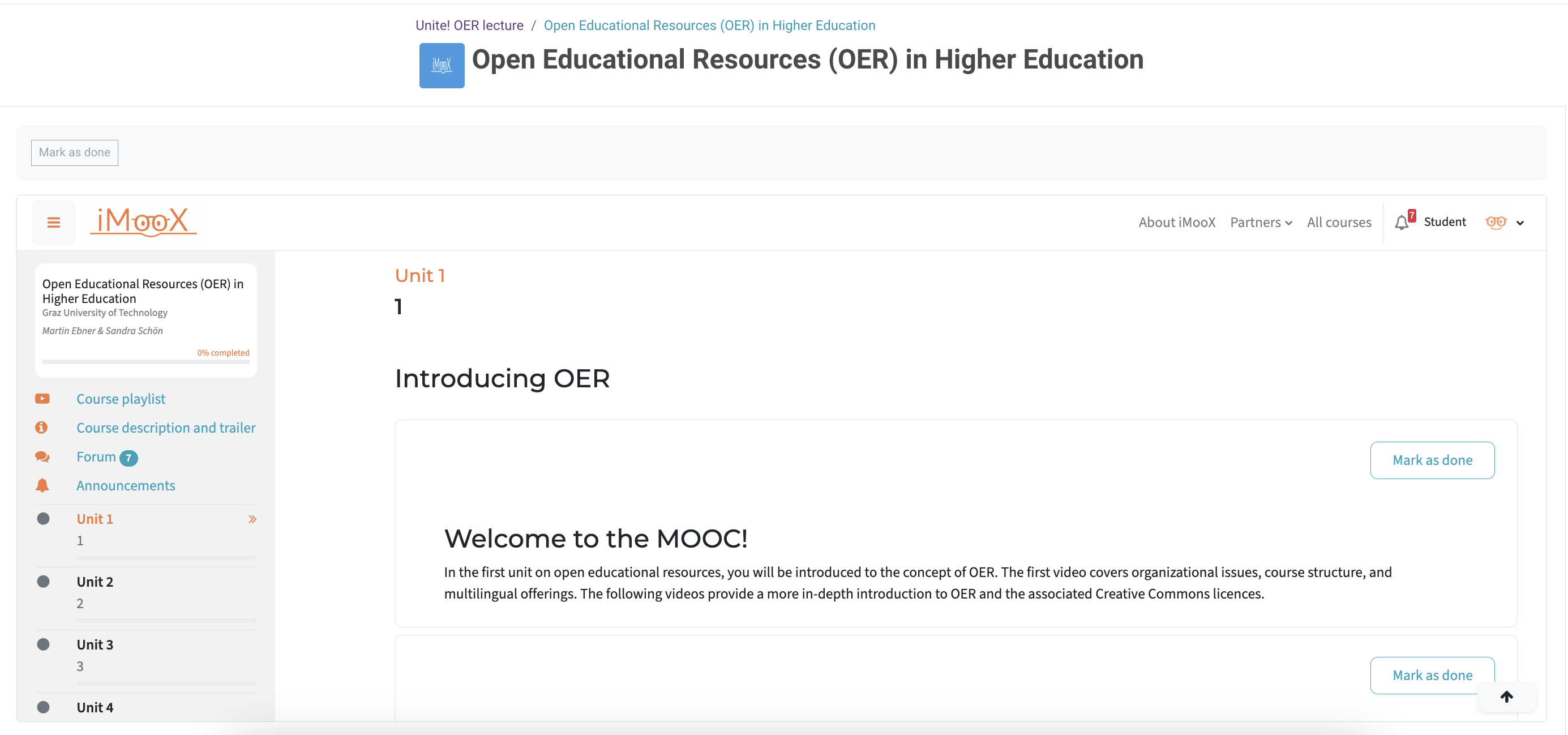 MOOC overall view is displayed embedded in the TeachCenter on a separate page, as if you were on the other platform