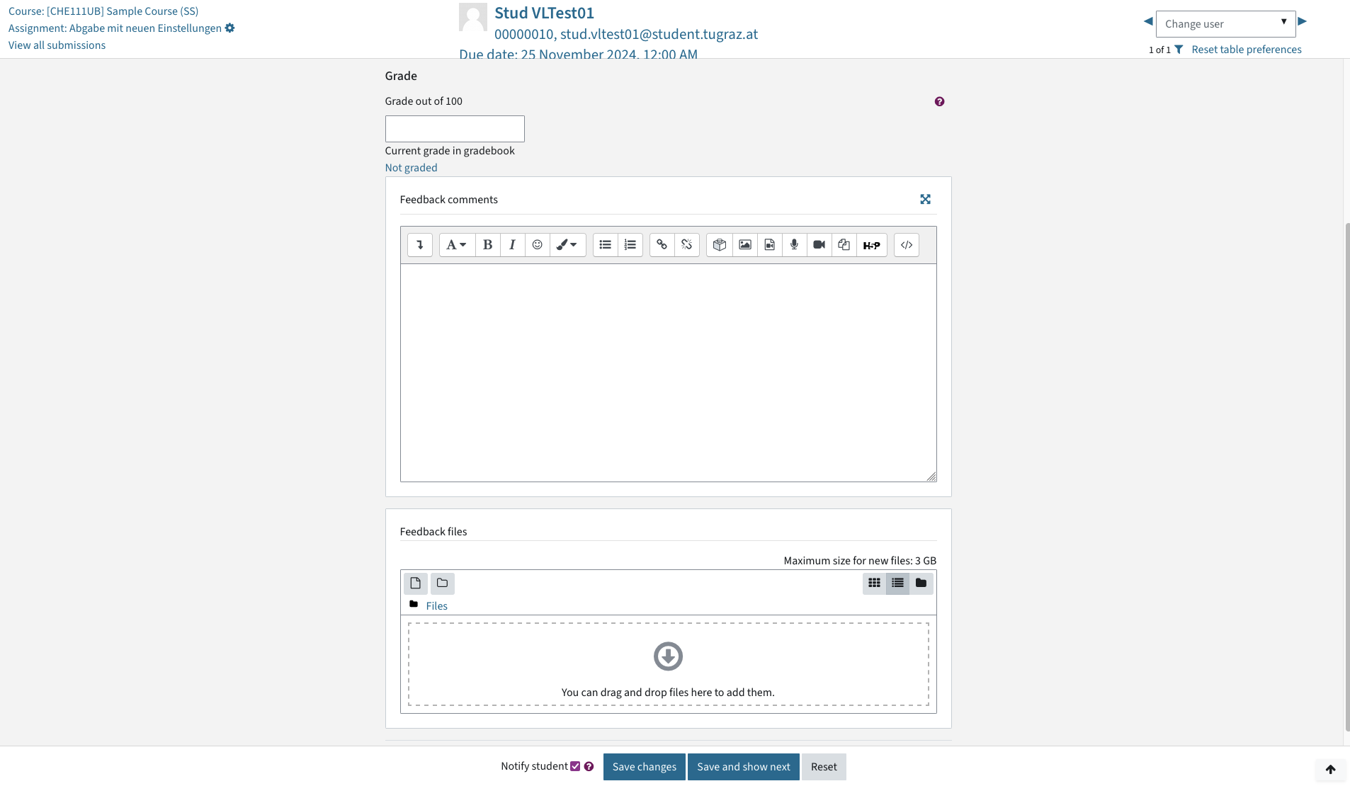 Grading view of a single student with no PDF view