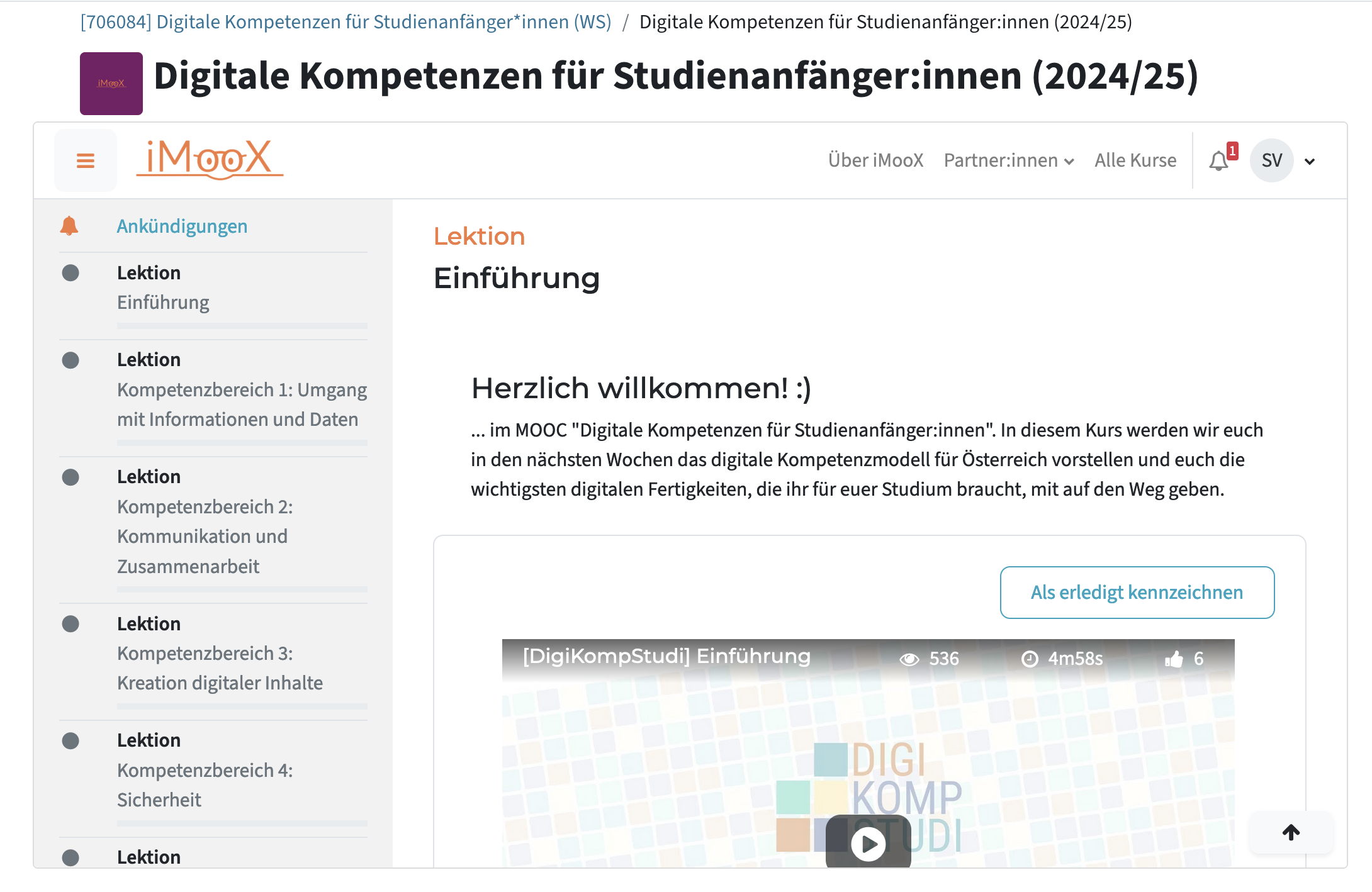 MOOC-Gesamtansicht wird im TeachCenter eingebettet auf einer eigenen Seite angezeigt, so als wäre man auf der anderen Plattform