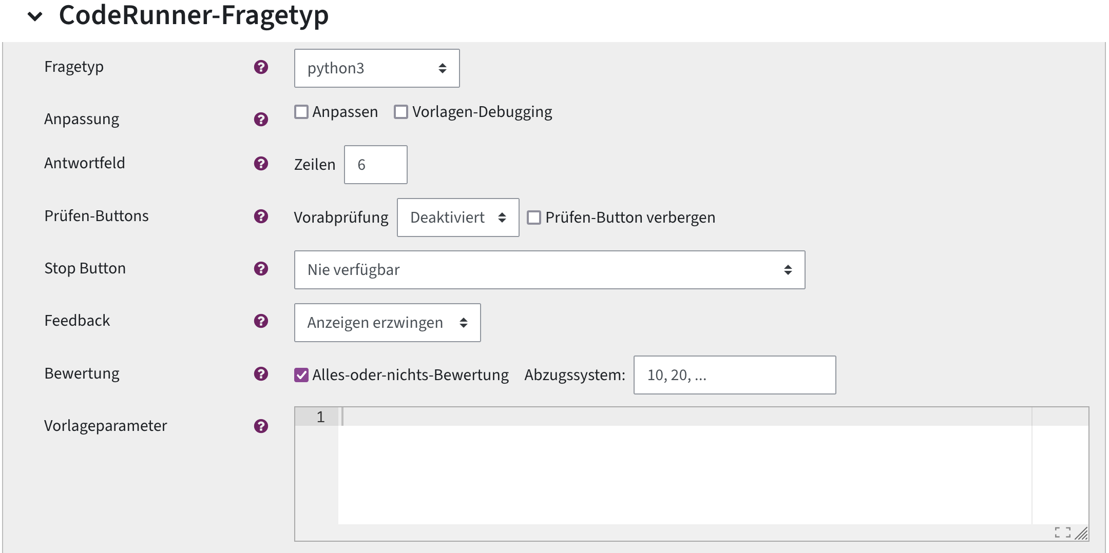 Programmiersprache, Größe des Antwortfelds, Art der Punktevergabe und Feedback wird in Grundeinstellungen definiert