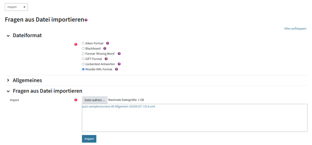 Hier ist der Import im Moodle-XML-Format. Die Überschrift lautet "Fragen aus Datei importieren", darunter sieht man drei Einstellungen: Dateiformat, Allgemeines und Fragen aus Datei importieren. Da ist ein Feld, in das man mittels Drag und Drop eine Datei hochgeladen hat. Unter diesem Feld ist ein Button mit "Import" zu sehen.