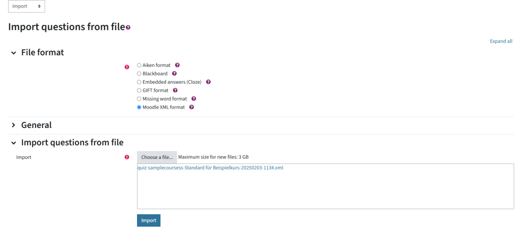 Here is the import in Moodle XML format. The heading is “Import questions from file”, below which you can see three settings: File format, General and Import questions from file. There is a box in which a file has been uploaded using drag and drop. Below this box is a button with “Import”.