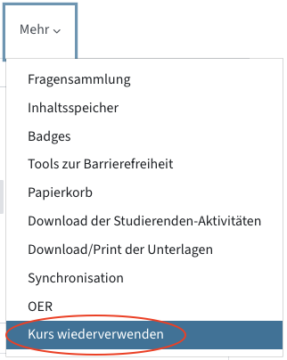 Menü-Optionen unter dem Reiter "Mehr"