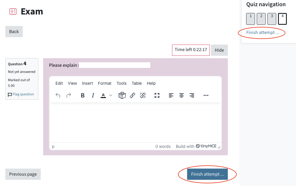 Question in a quiz, button "finish attempt" below the question and in the sidebar