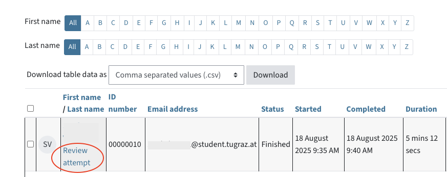 List of students with quiz attempts. Review attempt below the student name is highlighted. Above, there is an option to filter for first and last names.