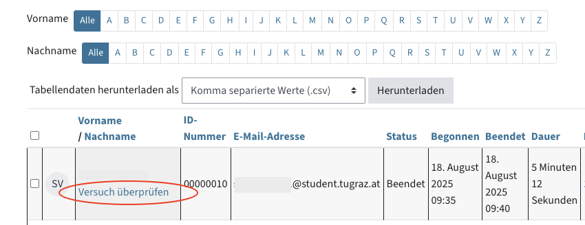 Die Liste der Teilnehmenden, unter dem Namen steht Versuch überprüfen. Darüber sind Filter für Vor- und Nachname.