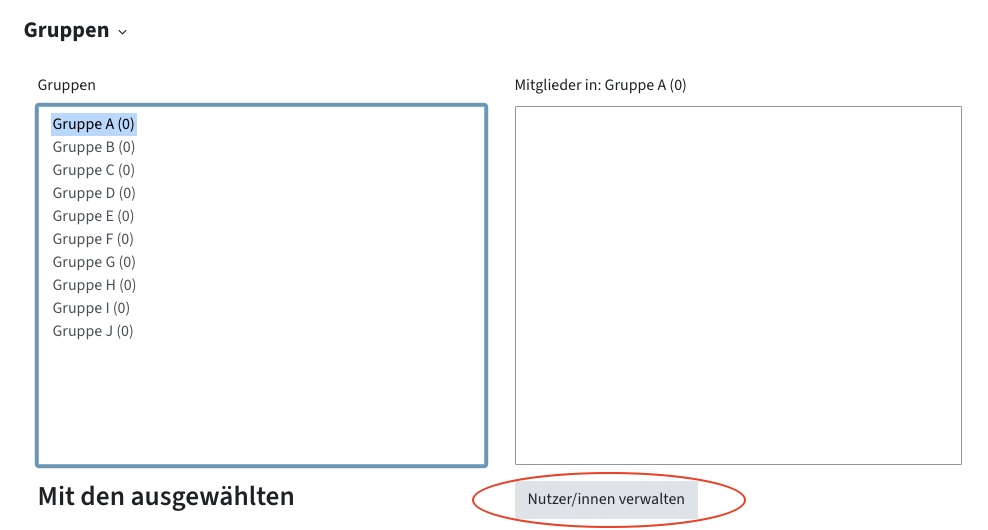 Aus der Liste aller Gruppen links ist eine Gruppe markiert. Rechts darunter ein Button Nutzer/innen verwalten