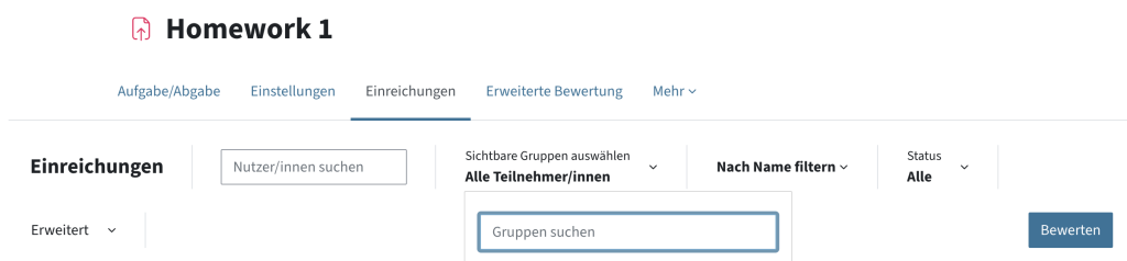 Screenshot aus der Bewertung einer Abgabe, Lehrende sehen ein Dropdown-Menü „Sichtbare Gruppen auswählen“