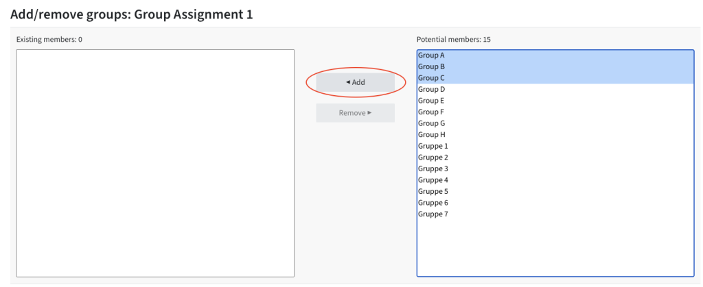 on the left, existing groups in the grouping are shown. On the right, potential groups to select for the grouping are shown. In the middle, there is a button to Add and Remove.