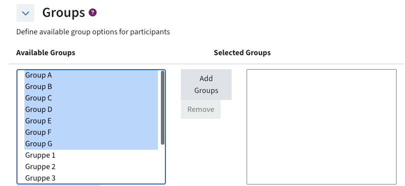 Menu to add groups to a group choice. On the left, available groups are listed. On the right, selected groups are listed. There is a button "add groups" in the middle.