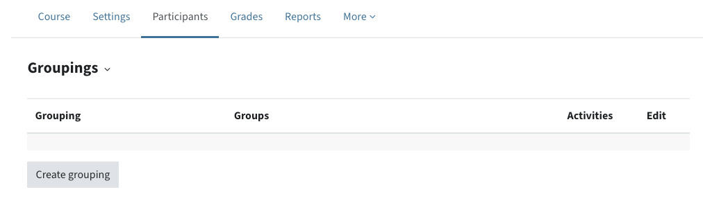 Groupings menu in the participants tab; at the bottom the "create grouping" button