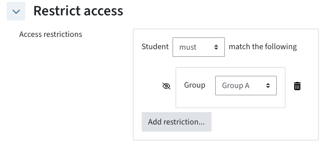 Access is restricted to one group. The eye icon is closed.