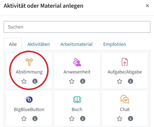 Man sieht die Kachel der Aktivität "Abstimmung" zur Auswahl. Die Kachel ist grün. Sie ist rot eingekreist