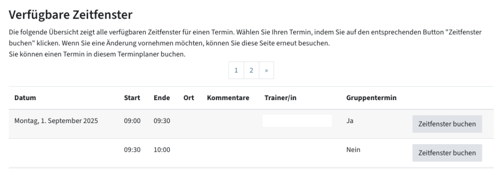 Liste der verfügbaren Zeitfenstern, rechts ein Button für "Zeitfenster buchen"