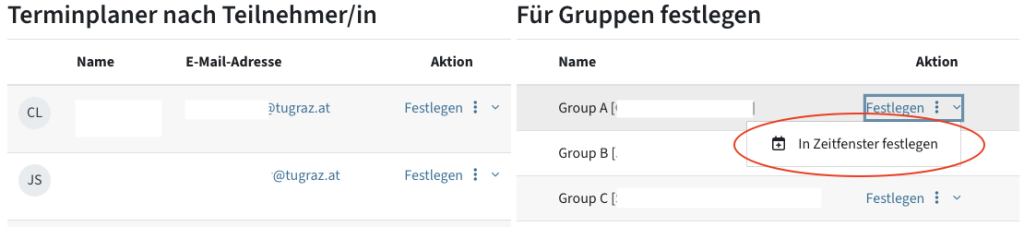 Links eine Liste der Teilnehmenden, rechts ein Menü "Für Gruppen festlegen" mit einer Liste der Gruppen. Daneben die Aktion "Festlegen" und "In Zeitfenster festlegen"