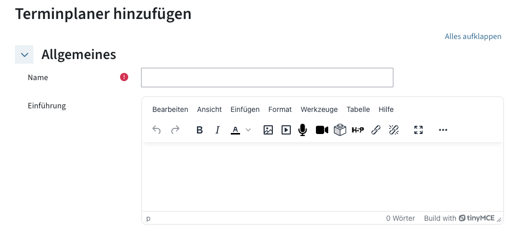 Menü beim Anlegen der Terminplaner-Aktivität, Eingabefeld für "Name" und ein Textfeld für "Einführung"
