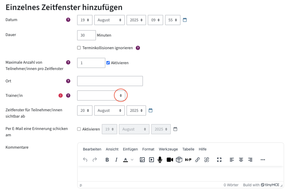 Einstellung für "einzelnes Zeitfenster hinzufügen", das Eingabefeld für "Trainer/in" ist rot eingekreist
