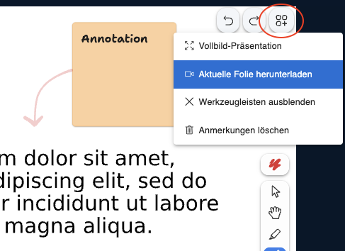 Annotationen in einer Präsentation, rechts oben das Einstellungen-Symbol und darunter die Option "Aktuelle Folie herunterladen"