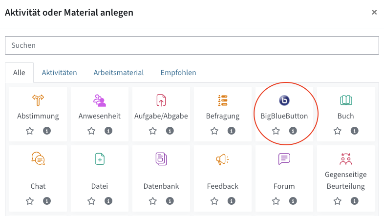 Liste der Aktivitäten im TC, BigBlueButton ist markiert