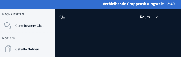 Screenshot des Meetingraumes mit der Information über die verbleibende Gruppensitzungszeit in den Breakout-Räumen in einem blauen Balken oben