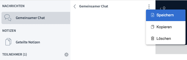 Fenster des gemeinsamen Chats, daneben ein Drop-down-Menü für Speichern, Kopieren, Löschen
