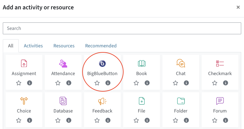 List of activities and resources, BigBlueButton activity is highlighted