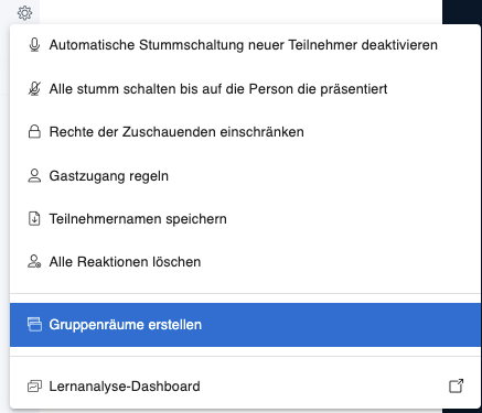 Links oben ein Zahnrad, darunter ein Menü mit der Option "Gruppenräume erstellen"
