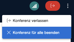 Verlassen-Symbol, darunter ein Menü mit den Optionen Konferenz verlassen und Konferenz für alle beenden