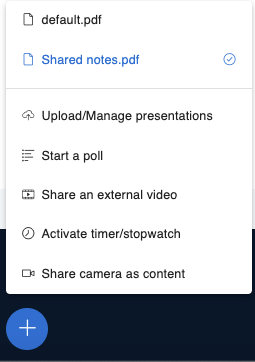 Actions menu with options to upload presentations, start polls, share videos, activate a timer, share camera as content