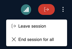 Red "Leave" button, below a menu with the option "end session for all"