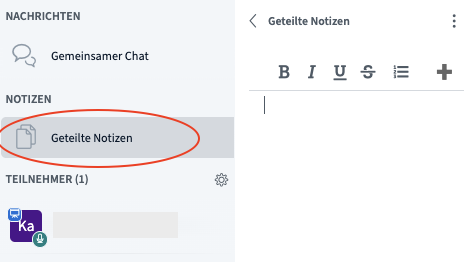 Geteilte Notizen ist links im Menü hervorgehoben, darunter die Teilnehmerliste, darüber der Chat