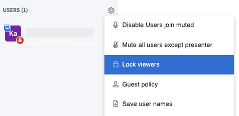 Gear icon to the right of the user list, below a dropdown with the option "lock viewers"