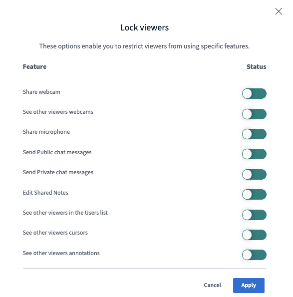 "Lock viewers" option and list of the different rights, including their status