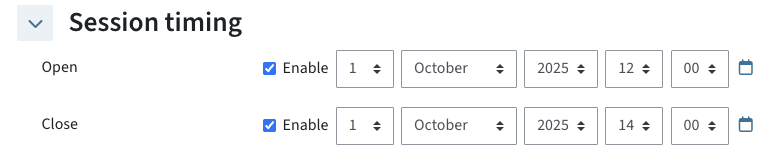 Session timing section with dates for "open" and "close"