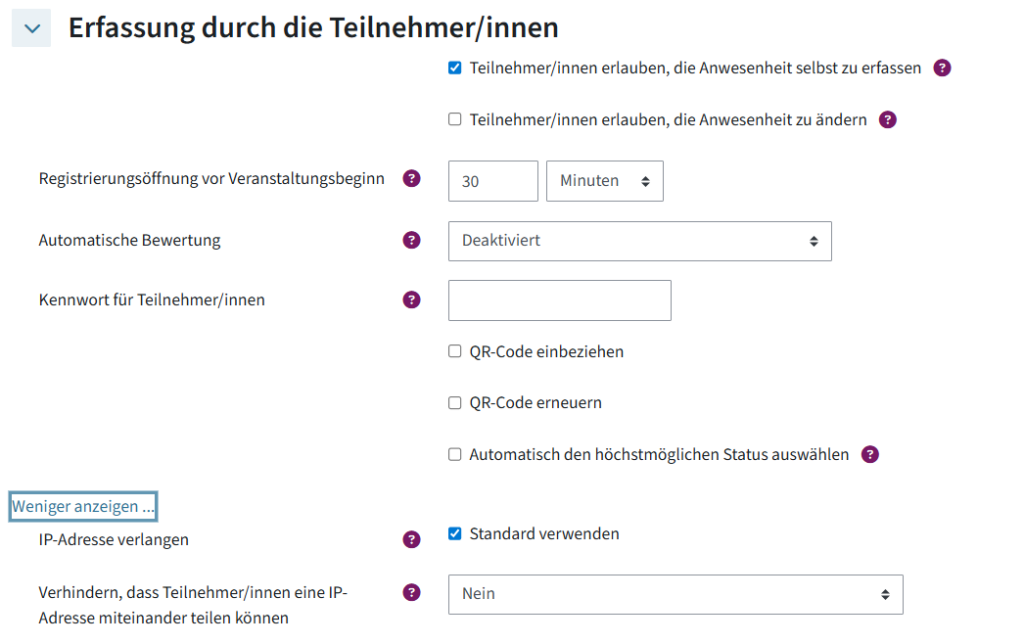 Das ist erneut das Menü "Erfassung durch Teilnehmer/innen" mit allen anpassbaren Einstellungen